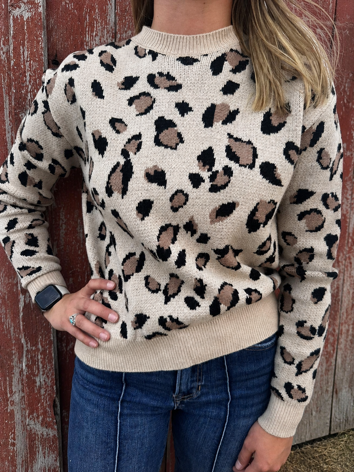 Taupe Leopard Long Sleeve Crew Neck Sweater