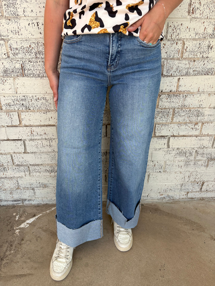 Risen High Rise Wide Leg Cuffed Jeans