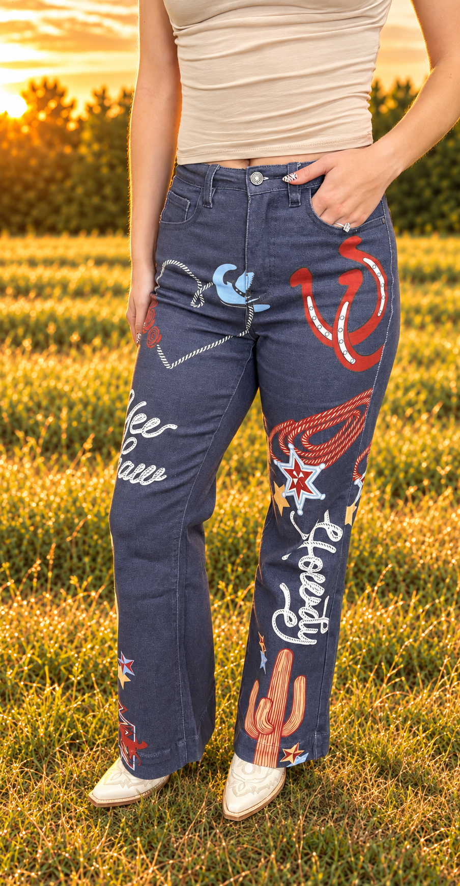 Charcoal Western Print Howdy Wide Leg Jeans