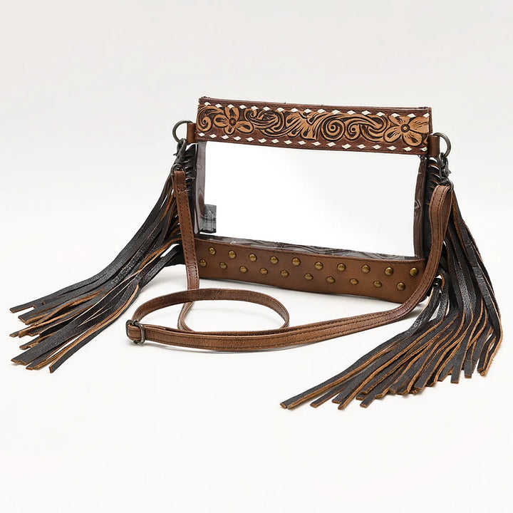 American Darling Genuine Tooled Leather Fringe Clear Crossbody Bag