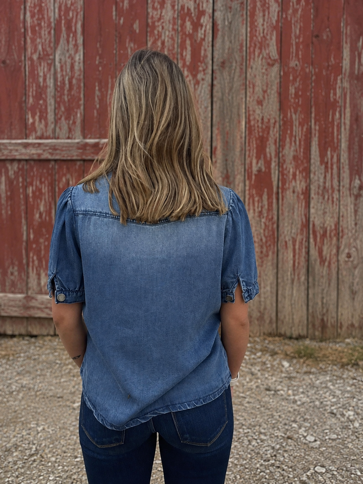 L&B Denim Button Down Puff Sleeve Top