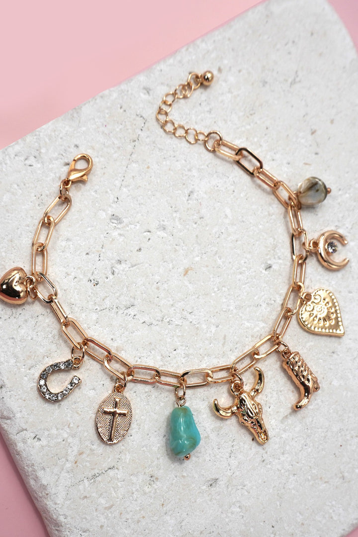 Western Boot & Bullhead Stone Gold Charm Bracelet
