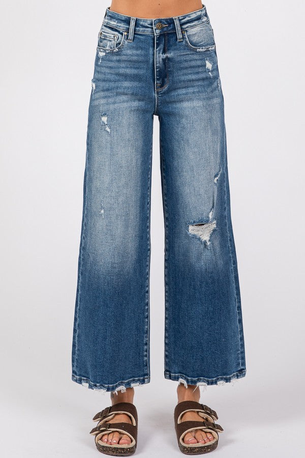 Petra High Rise Relaxed Cropped Distressed Wide Leg Jeans