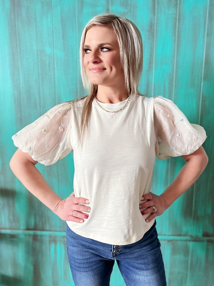 3D Flower Textured Sleeve Cream Top*