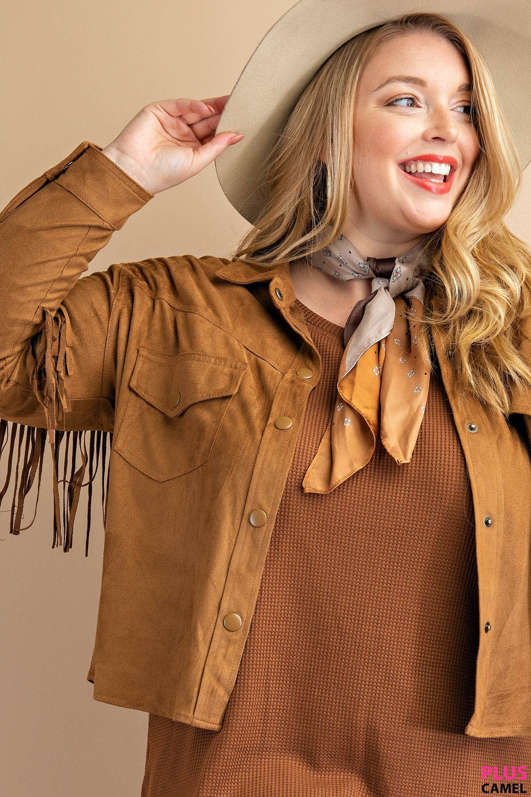 PLUS Camel Faux Suede Fringe Jacket | gussieduponline