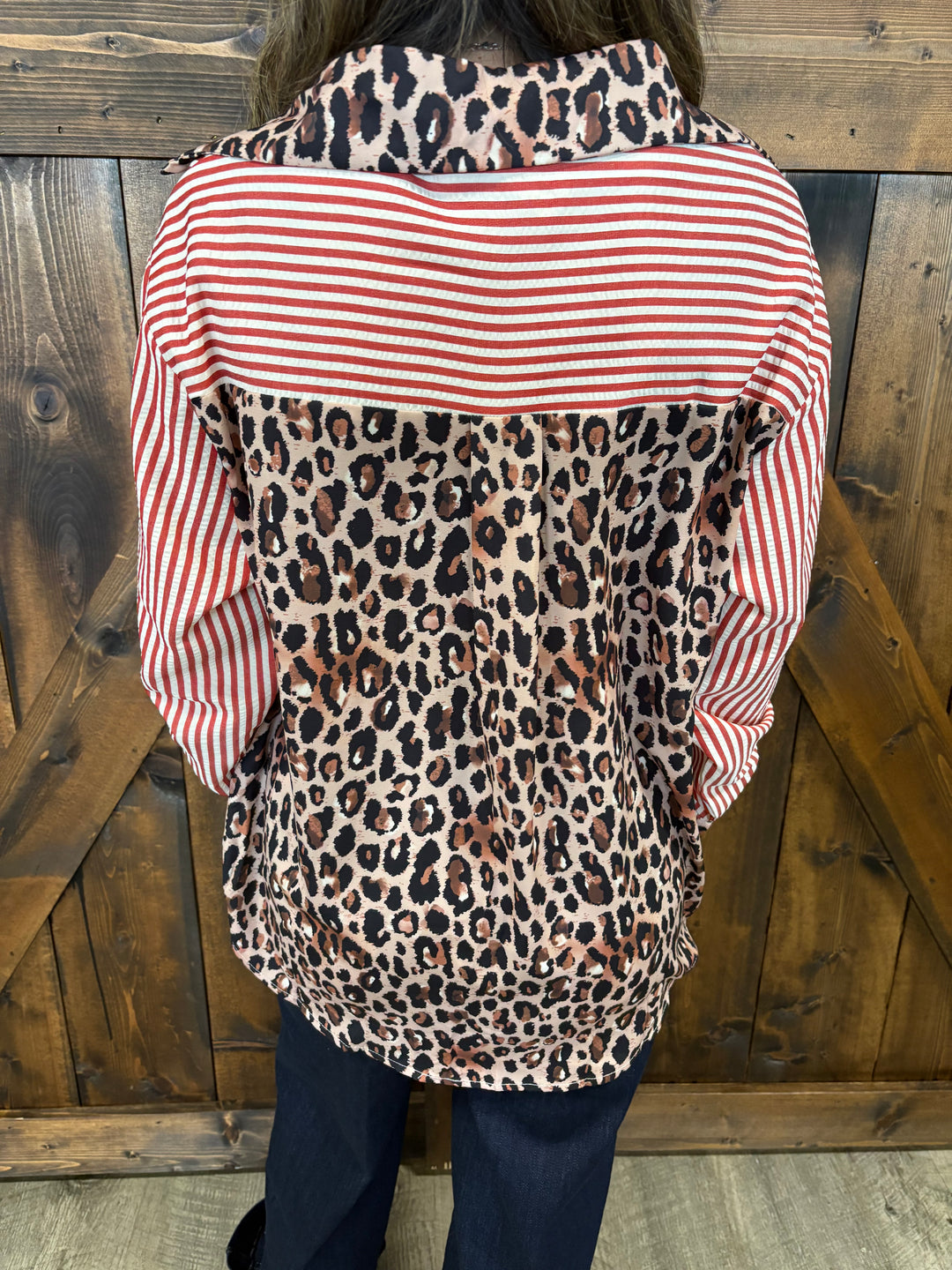 Western Contrast Leopard Stripes Blouse- 2 Colors