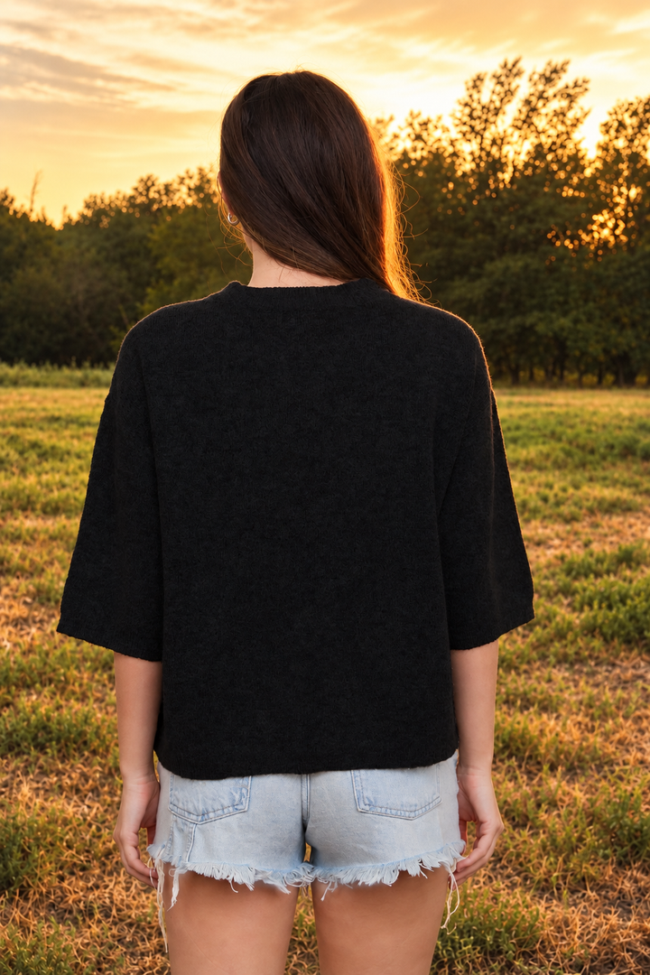 Black Crew Neck Half Sleeve Boxy Sweater