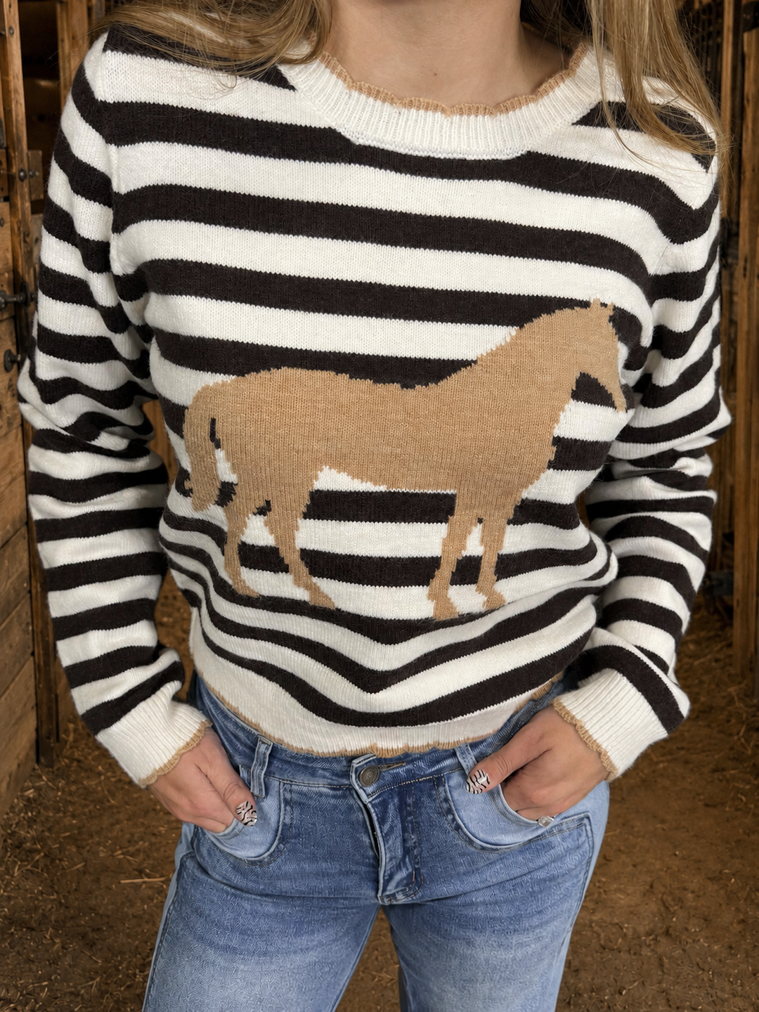 Striped Horse Scallop Edge Sweater