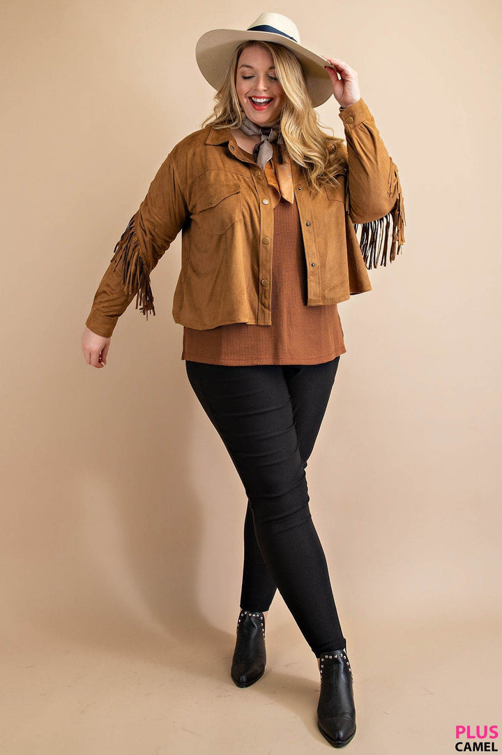 PLUS Camel Faux Suede Fringe Jacket | gussieduponline