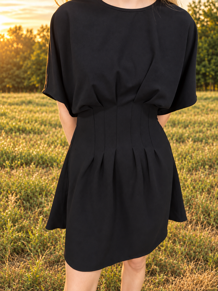 Black Solid Pleated Mini Dress