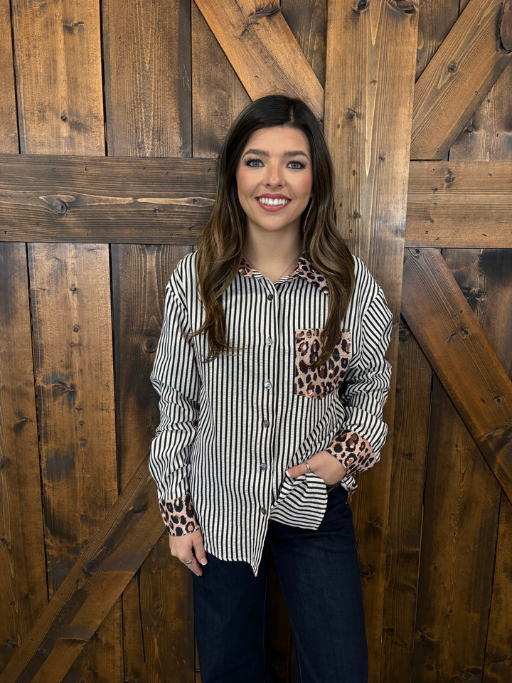 Western Contrast Leopard Stripes Blouse- 2 Colors