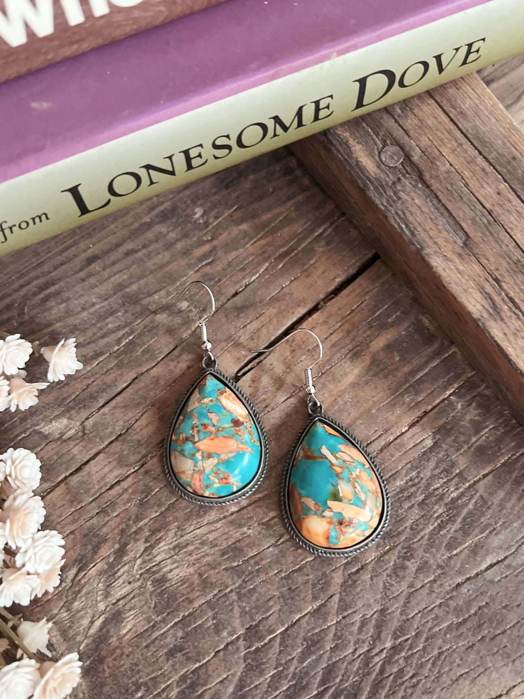 Big Tear Drop Stone Turquoise Dangle Earrings - 2 Colors