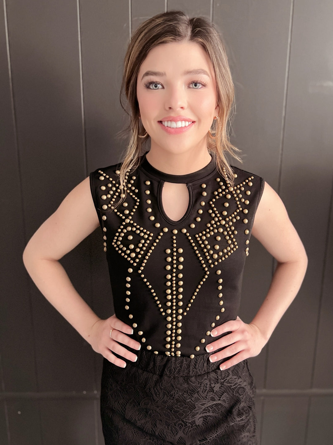 Black Keyhole Vintage Bronze Studded Bodysuit