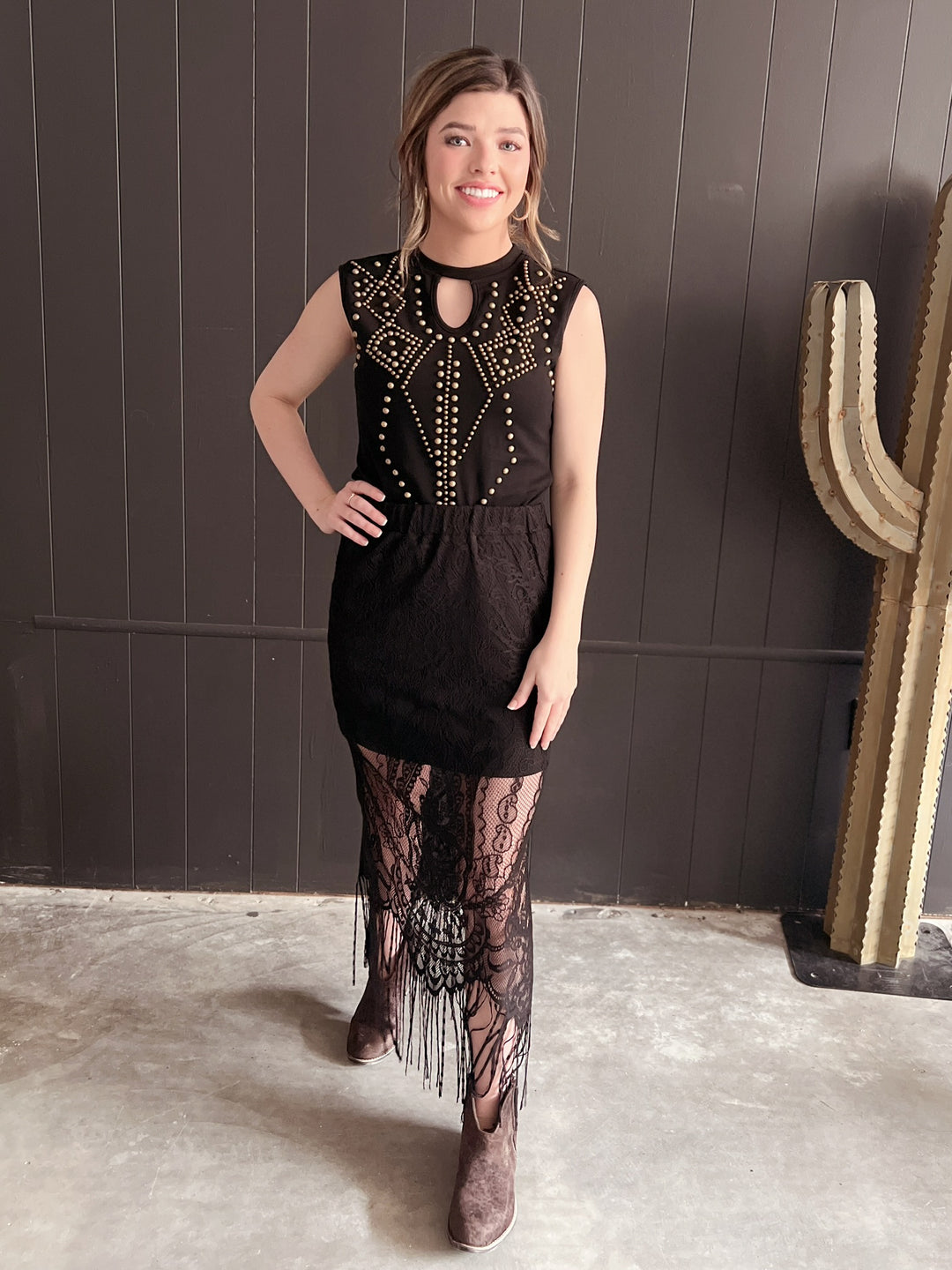 Black Keyhole Vintage Bronze Studded Bodysuit