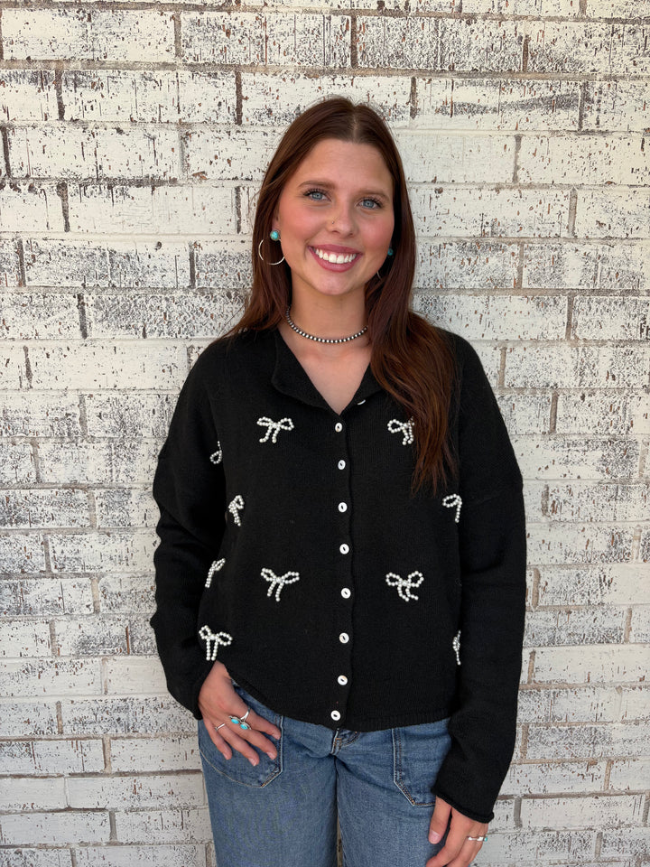 Black Sophisticated Pearl Bow Detail Sweater*