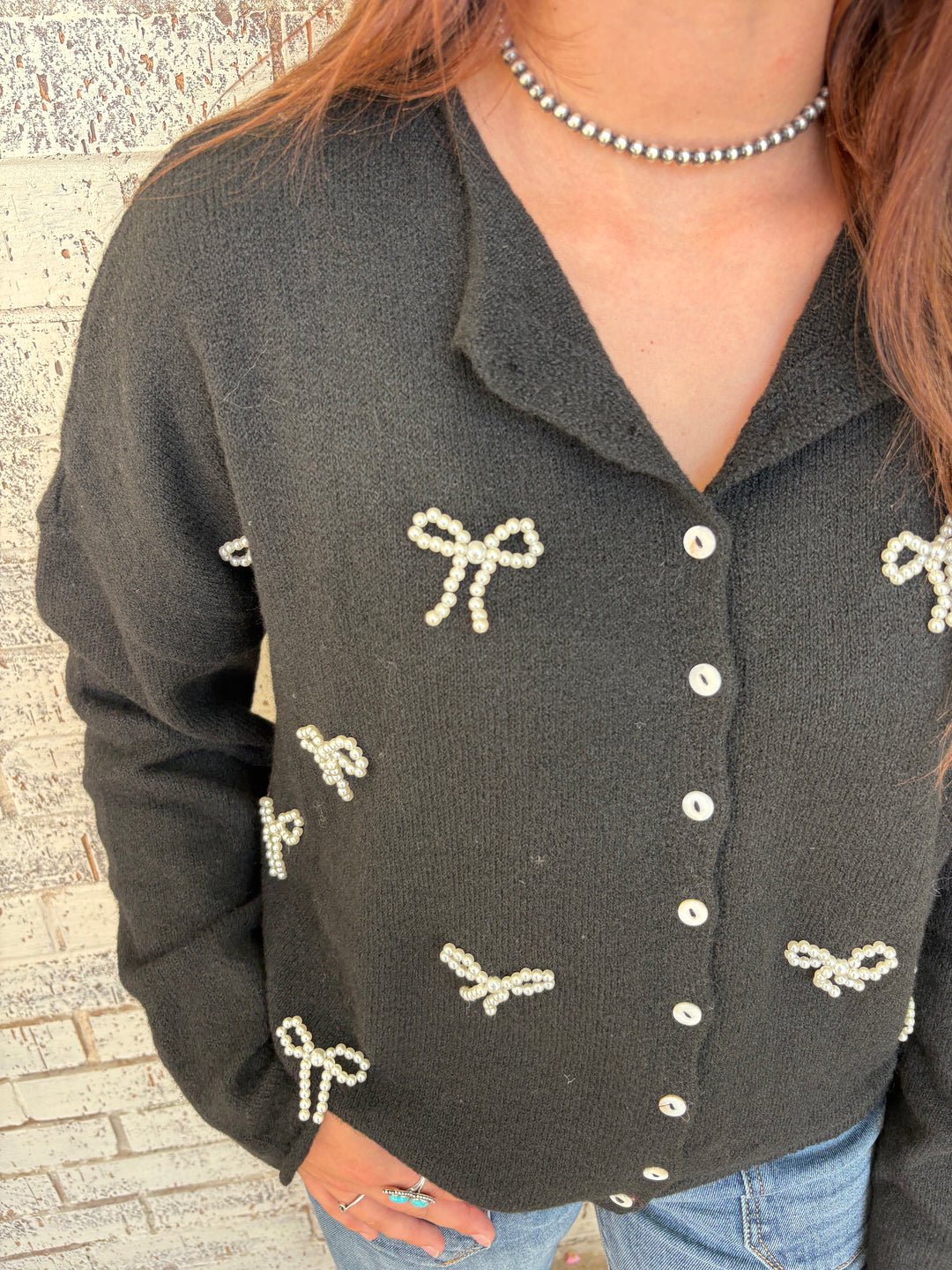 Black Sophisticated Pearl Bow Detail Sweater*