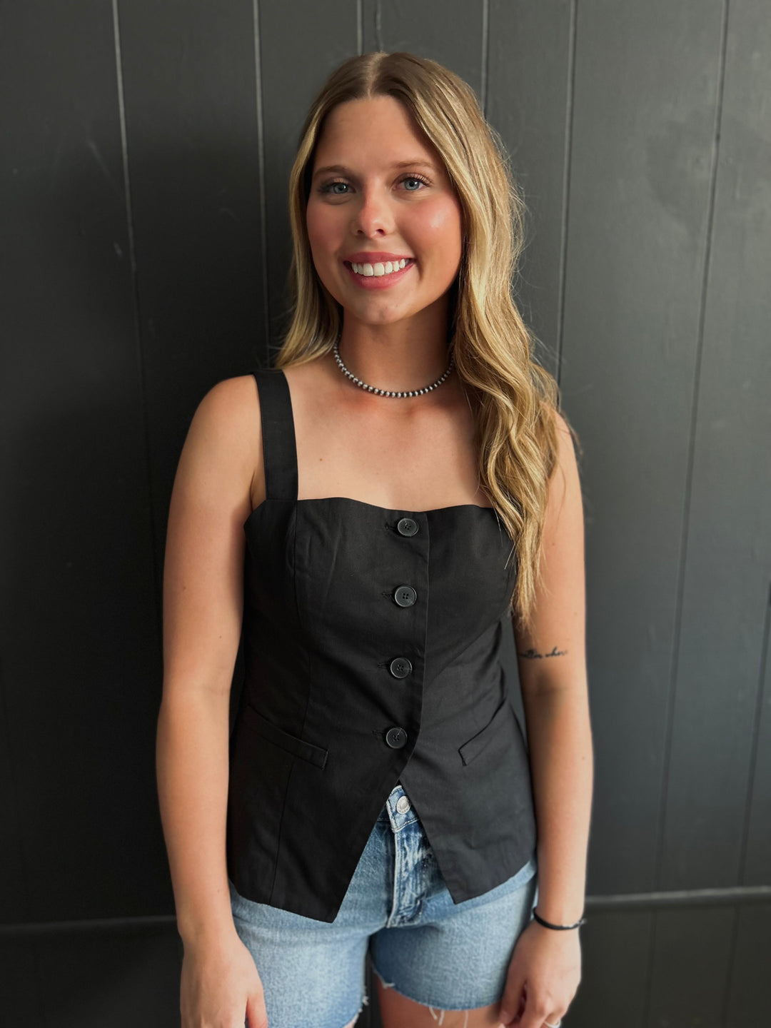 Black Square Neck Sleeveless Button Down Blouse