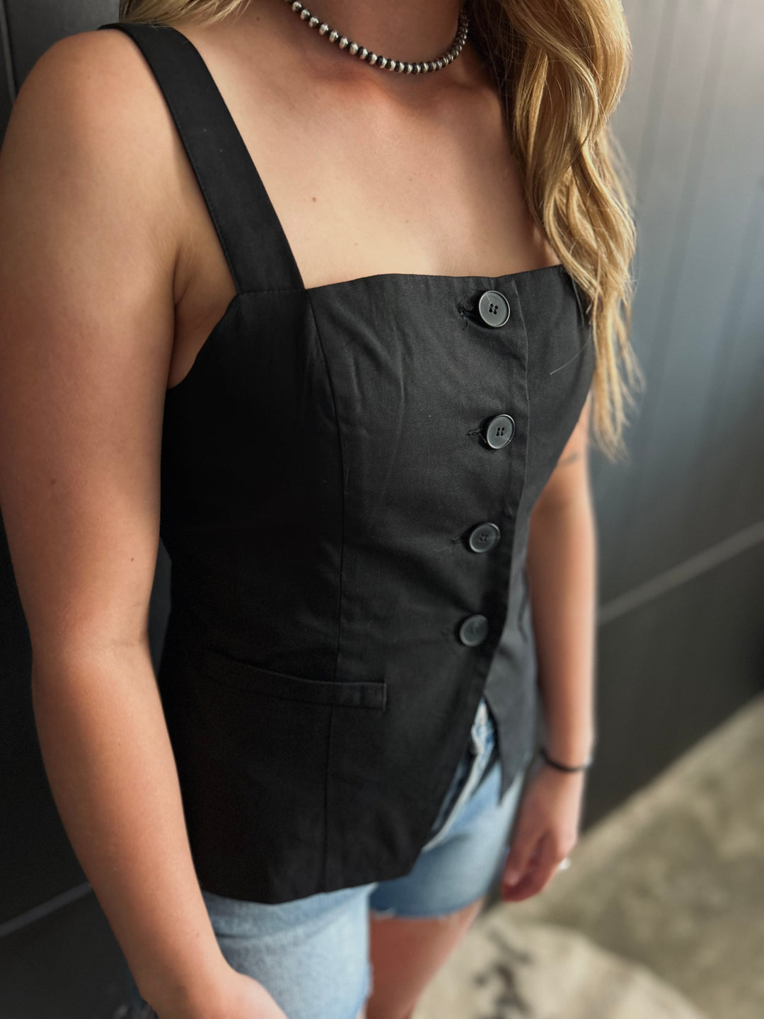 Black Square Neck Sleeveless Button Down Blouse