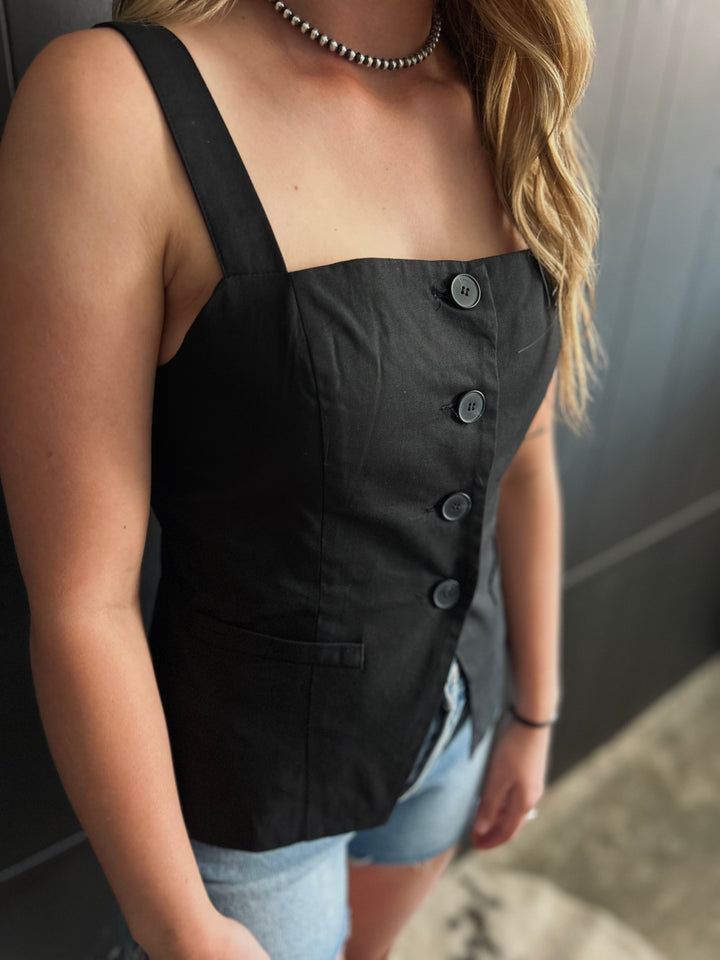 Black Square Neck Sleeveless Button Down Blouse