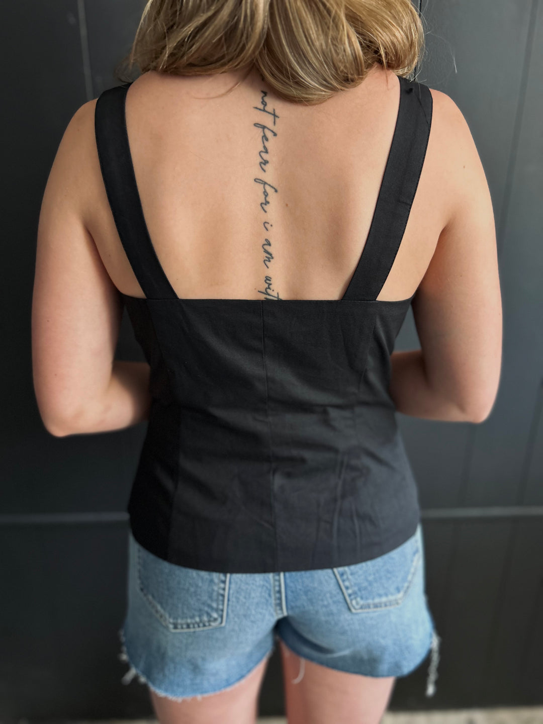 Black Square Neck Sleeveless Button Down Blouse