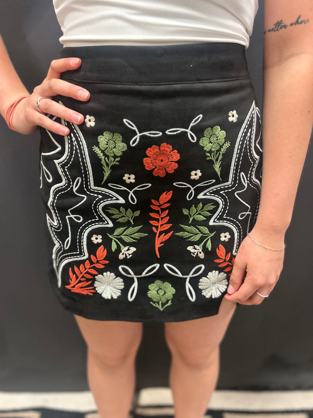 Black Suede Aztec Floral Embroidered Front Slit Skirt*