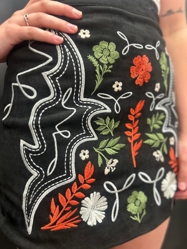 Black Suede Aztec Floral Embroidered Front Slit Skirt*