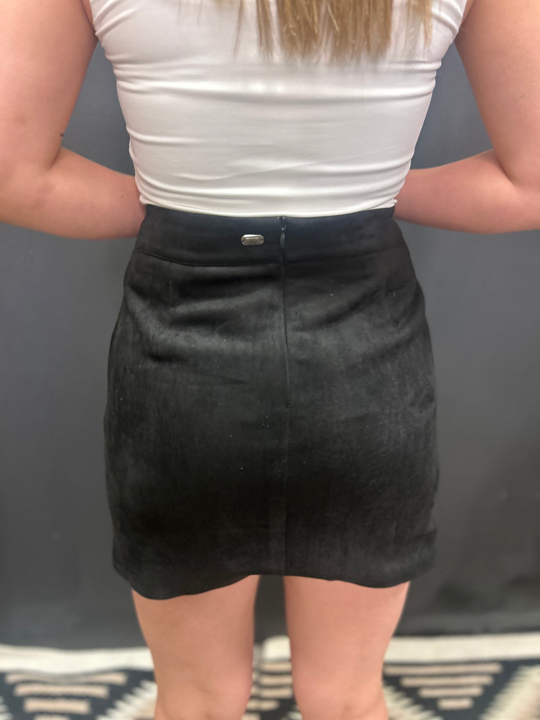 Black Suede Aztec Floral Embroidered Front Slit Skirt*