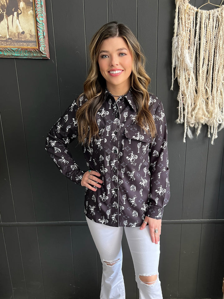 Black Western Printed Long Sleeve Button Up*