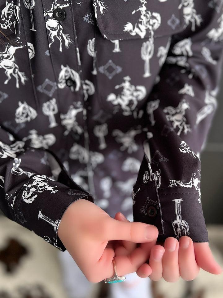 Black Western Printed Long Sleeve Button Up*