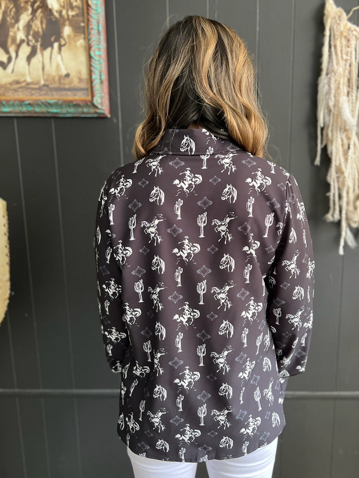 Black Western Printed Long Sleeve Button Up*