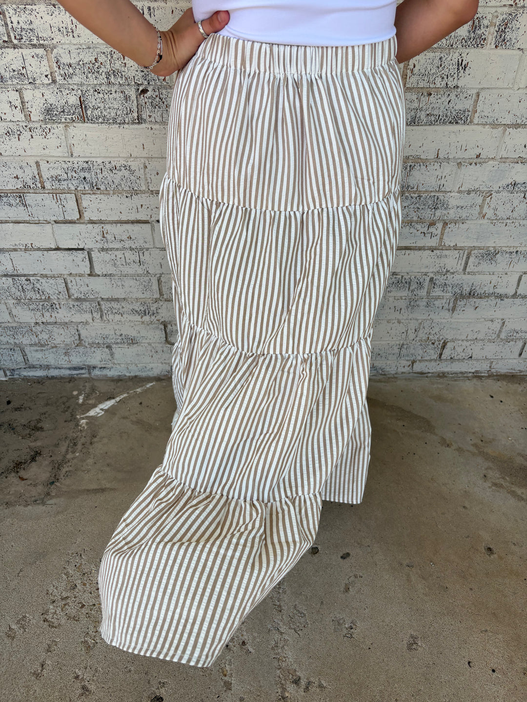 Bow Tie Tiered Taupe Stripe Maxi Skirt*