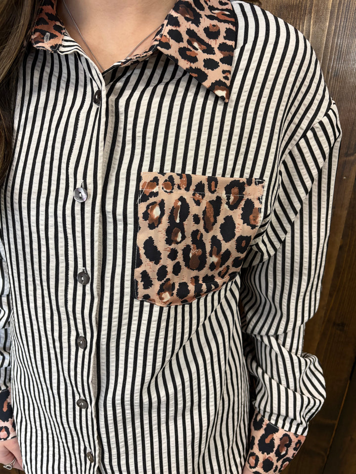 Western Contrast Leopard Stripes Blouse- 2 Colors