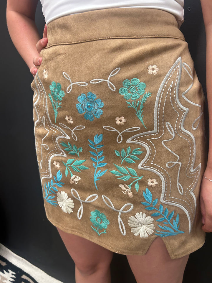 Camel Suede Aztec Floral Embroidered Front Slit Skirt*