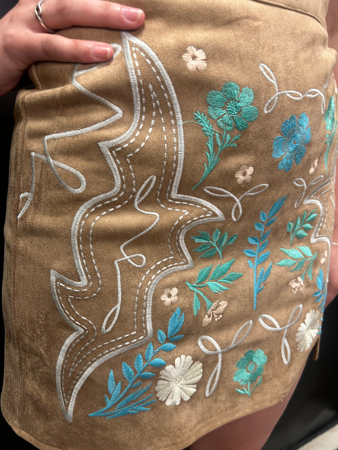 Camel Suede Aztec Floral Embroidered Front Slit Skirt*