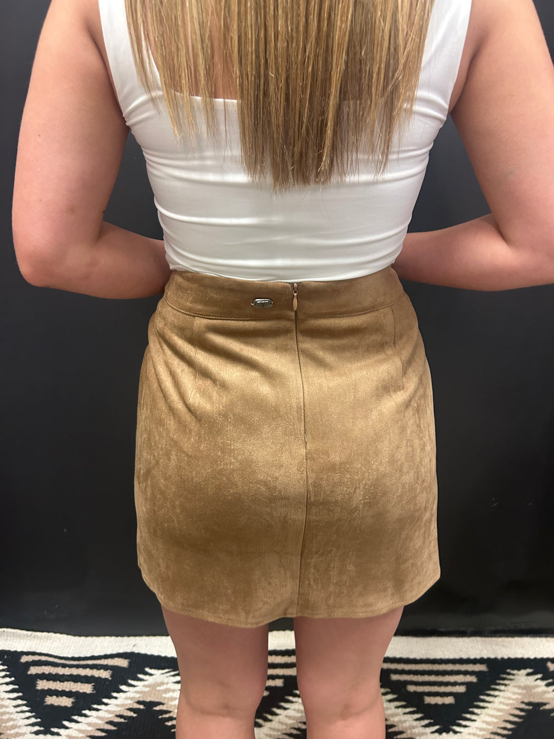 Camel Suede Aztec Floral Embroidered Front Slit Skirt*