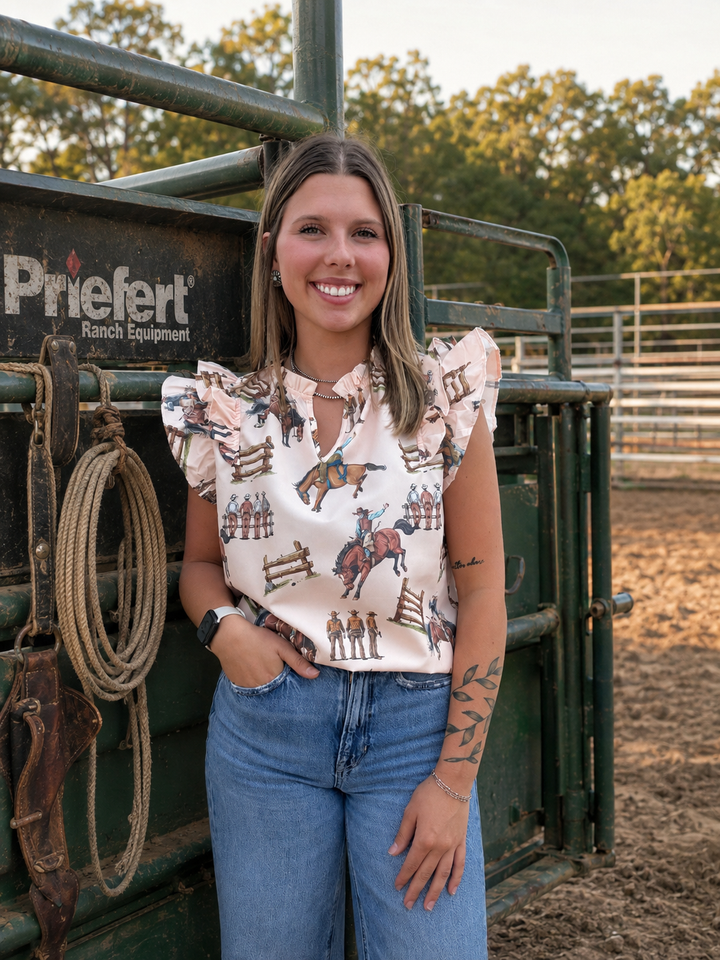 Light Peach Bucking Horse Western Print Ruffle Sleeve Top