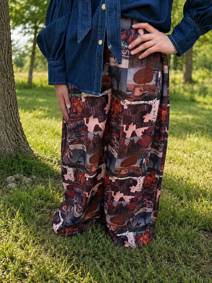 Western Collage Print High Waist Wide Leg Pants