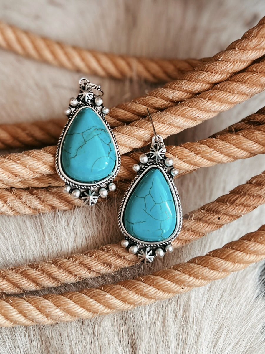 Chunky Turquoise Colored Stone Silver Earrings | gussieduponline