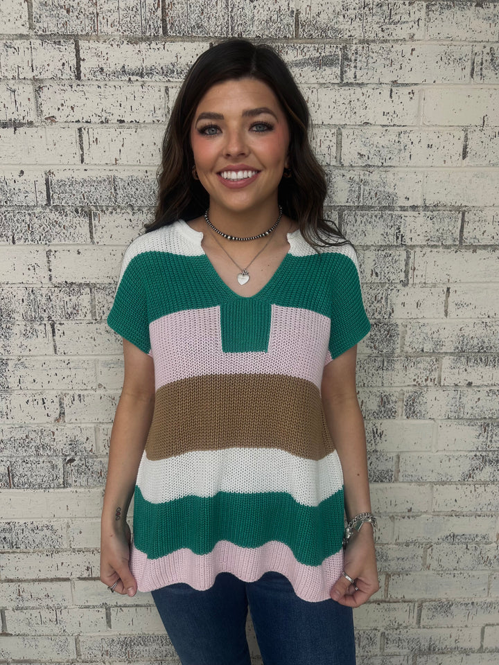 Color Block Notch V Sweater Top*