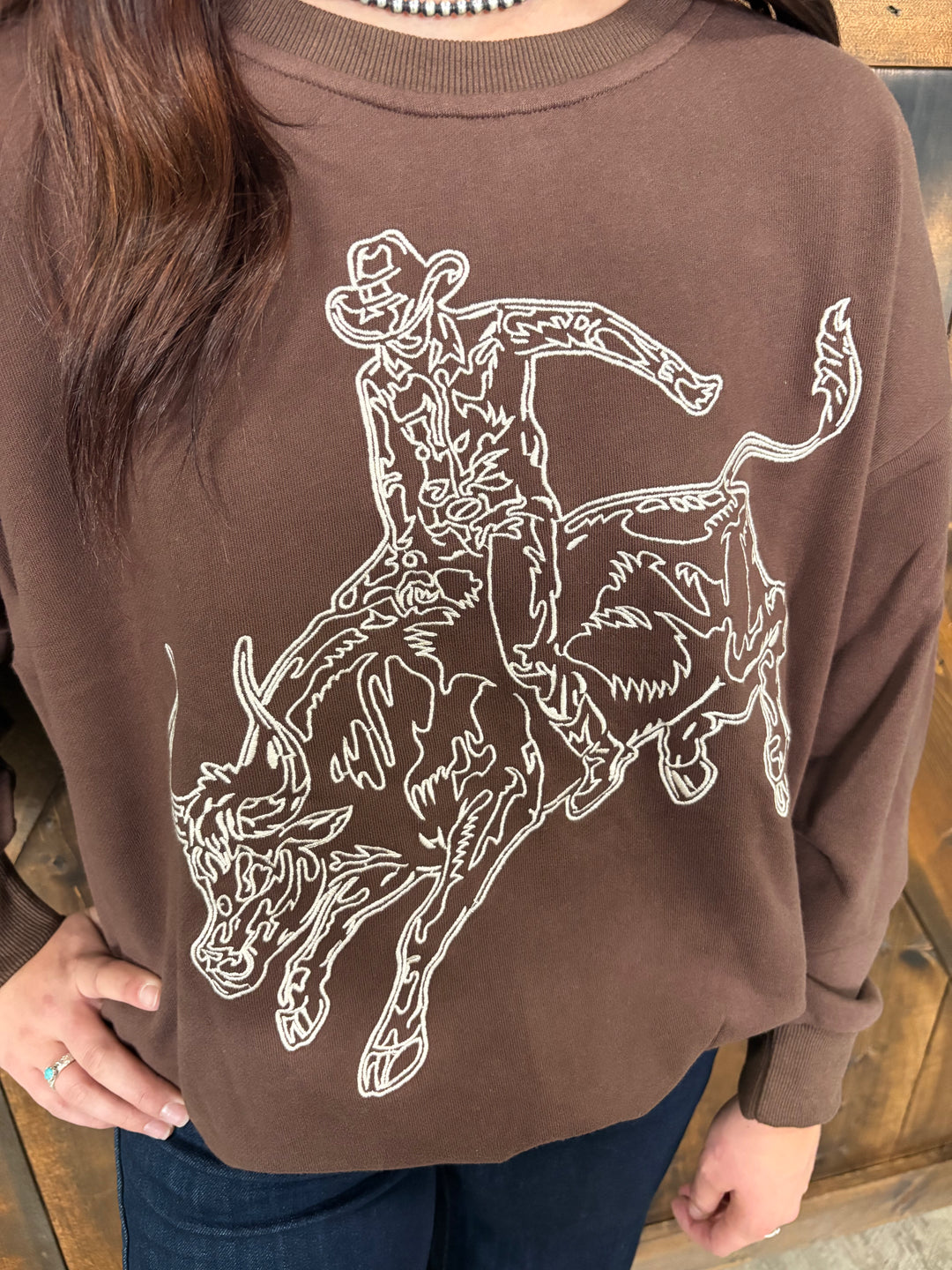 Dark Brown Embroidered Bull Riding Western Motif Sweatshirt