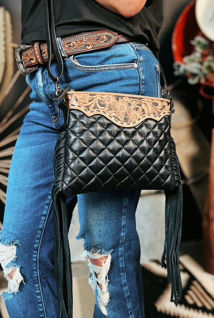 Darling Quilted Black Leather Crossbody Bag With Fringe | gussieduponline