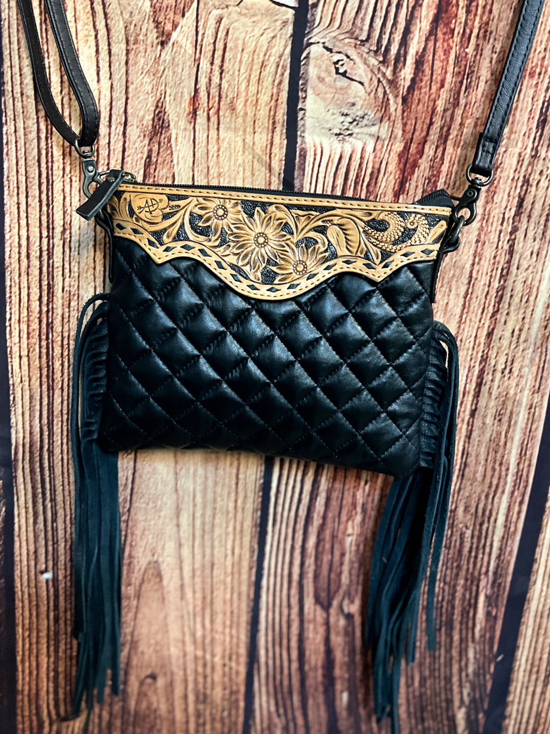 Darling Quilted Black Leather Crossbody Bag With Fringe | gussieduponline