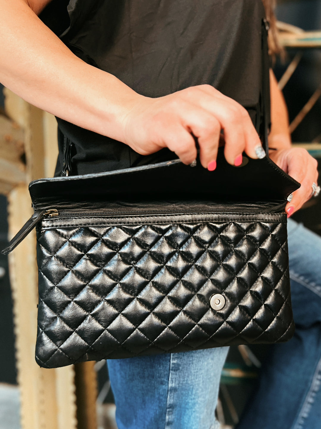 Darling Quilted Black Leather Crossbody Bag With Leather Flap | gussieduponline