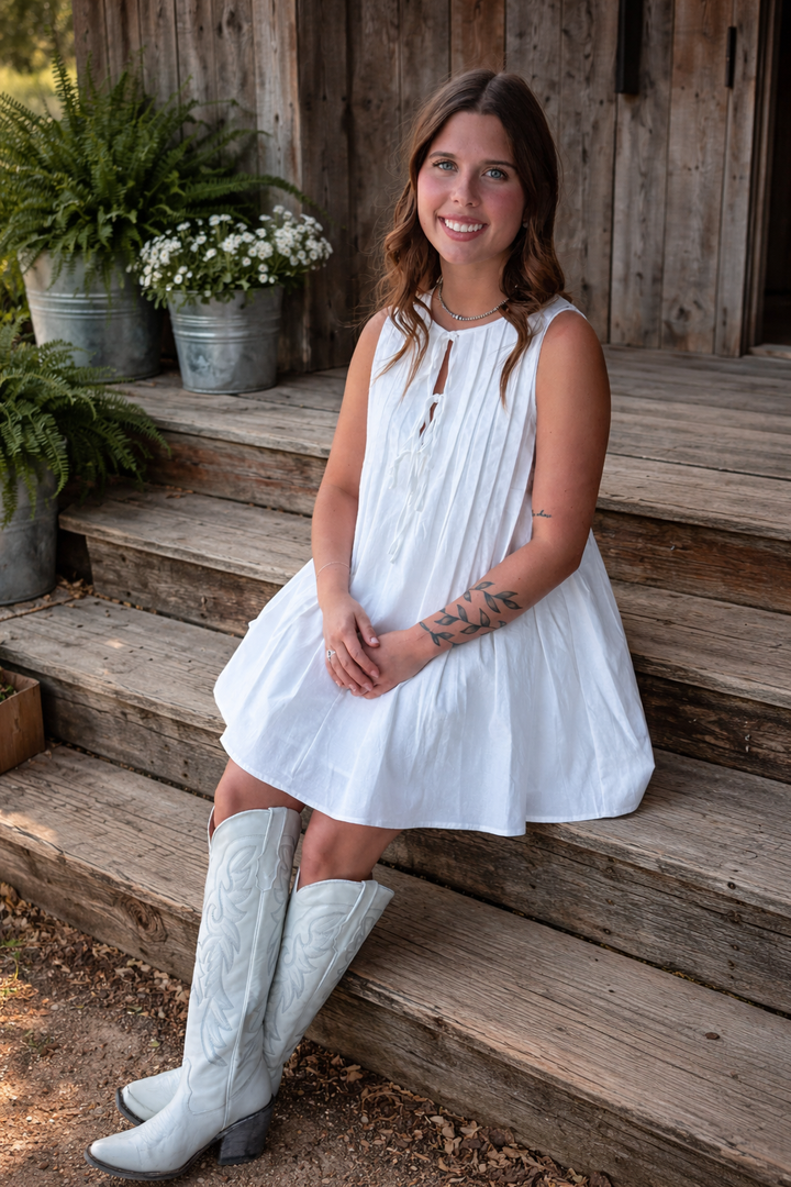 White Pleated Front Tie Mini Dress