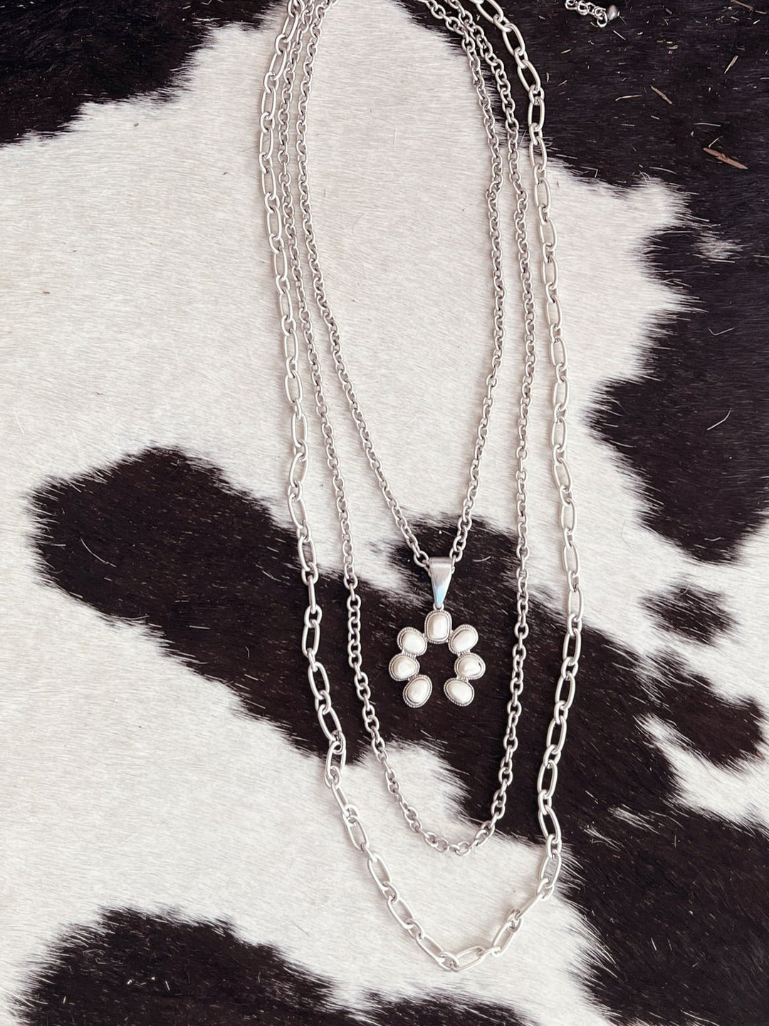 Extra Long 3-Strand Chain And White Pendant Necklace | gussieduponline