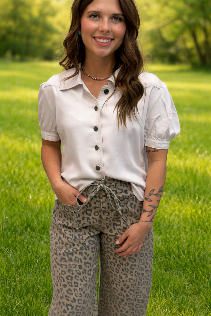 Khaki Leopard Wide Leg Pants