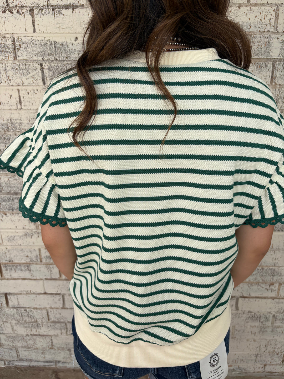 Green Stripe Scallop Lace Trim Ruffle Crewneck Top