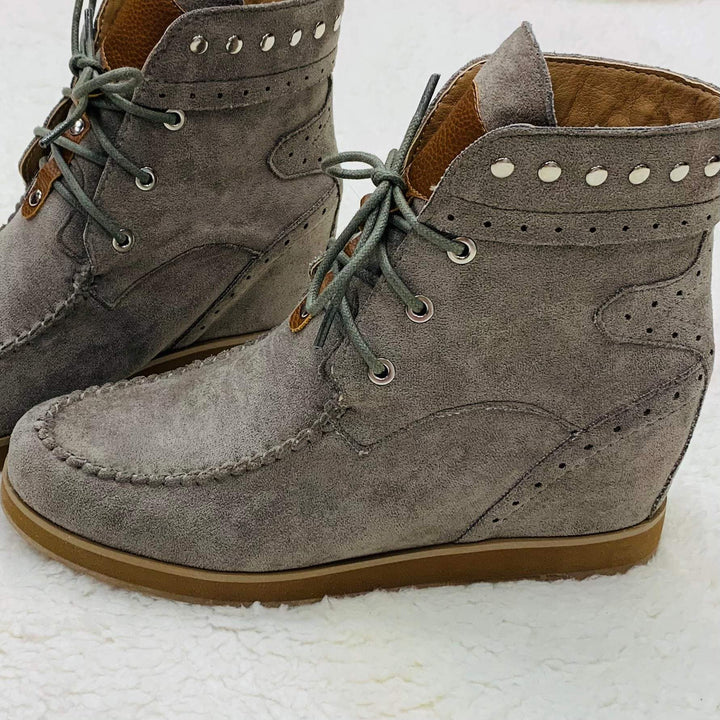 Grey Moccasin Wedge Bootie | gussieduponline