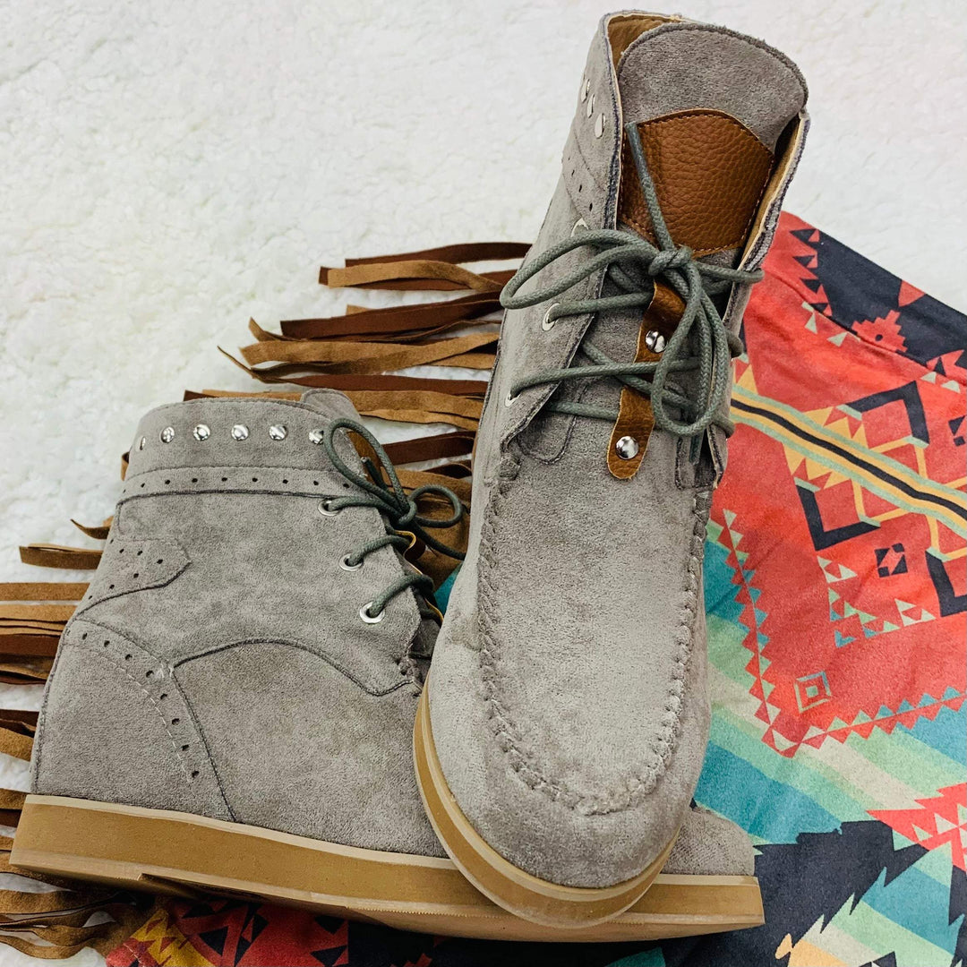 Grey Moccasin Wedge Bootie | gussieduponline