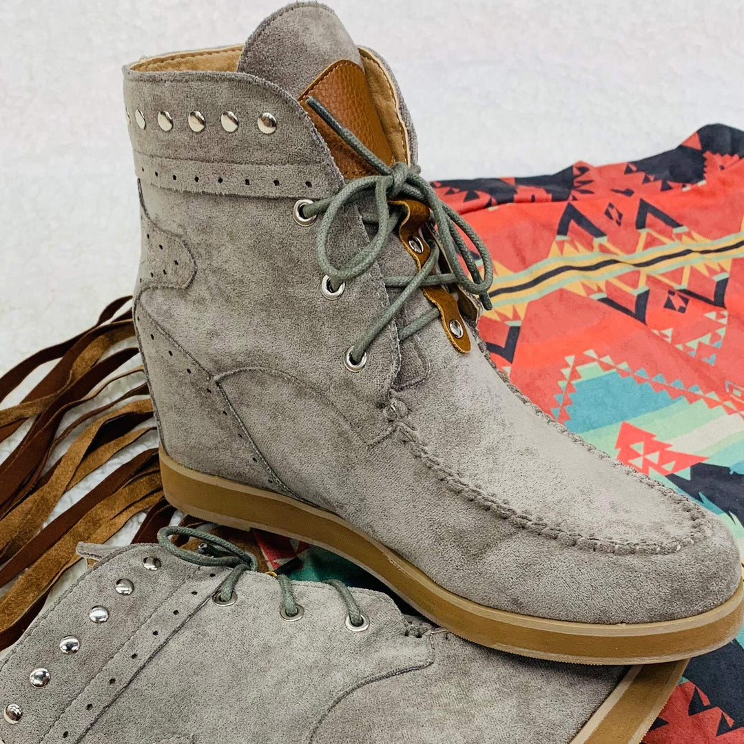 Grey Moccasin Wedge Bootie | gussieduponline